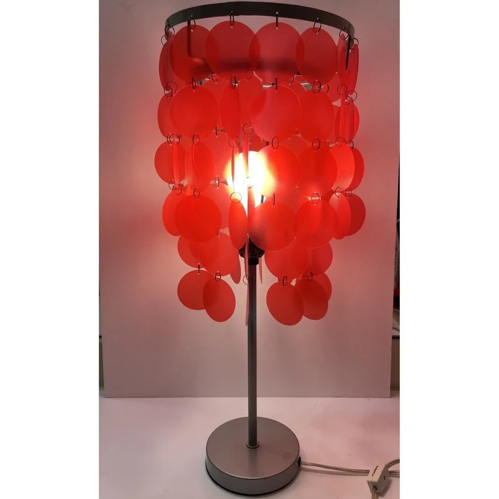 Vintage Table Lamp Red Plastic Disc Circles Silver Base Funky 70's Brady Bunch